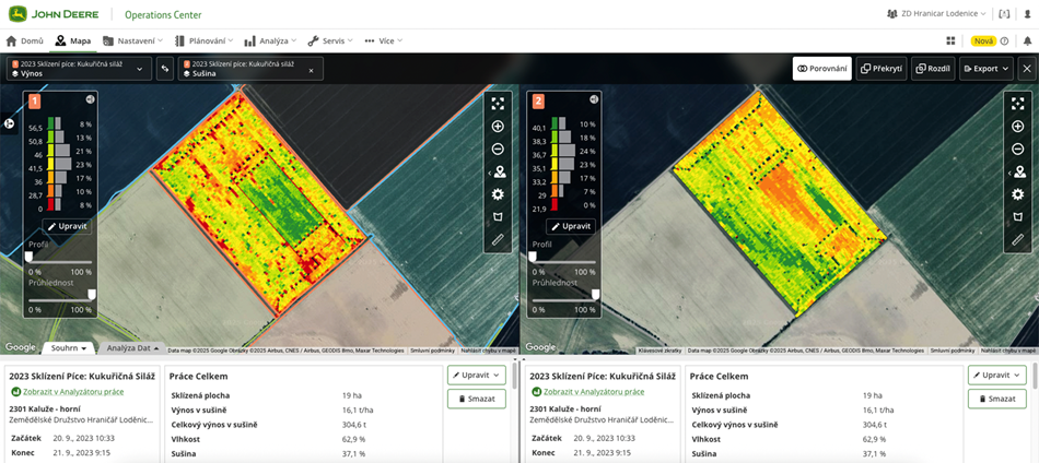 Obr. 2: Mapa výnosu silážní kukuřice a mapa sušiny biomasy silážní kukuřice z pokusů s rozdílnými hybridy z platformy John Deere Operations Center.